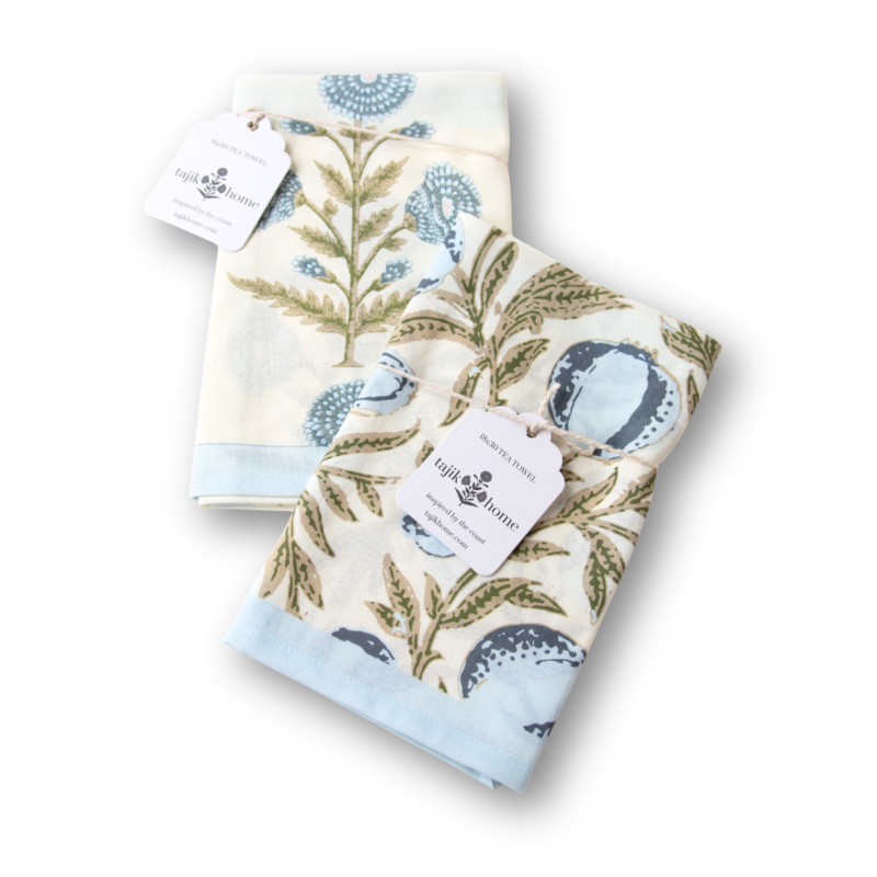 Flora Blue Block Print Tea Towel 2 Piece Set